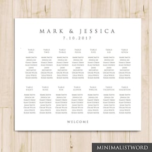 Puede incluir: Un plano de asientos de boda con los nombres Mark y Jessica y la fecha 7.10.2017. El plano enumera 14 mesas con los nombres de los invitados para cada mesa.