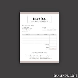 Invoice Template for Photographer, Photography Invoice Receipt Form - Photoshop PSD *INSTANT DOWNLOAD*