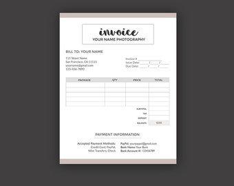 Invoice Template for Photographer, Photography Invoice Receipt Form - Photoshop PSD *INSTANT DOWNLOAD*
