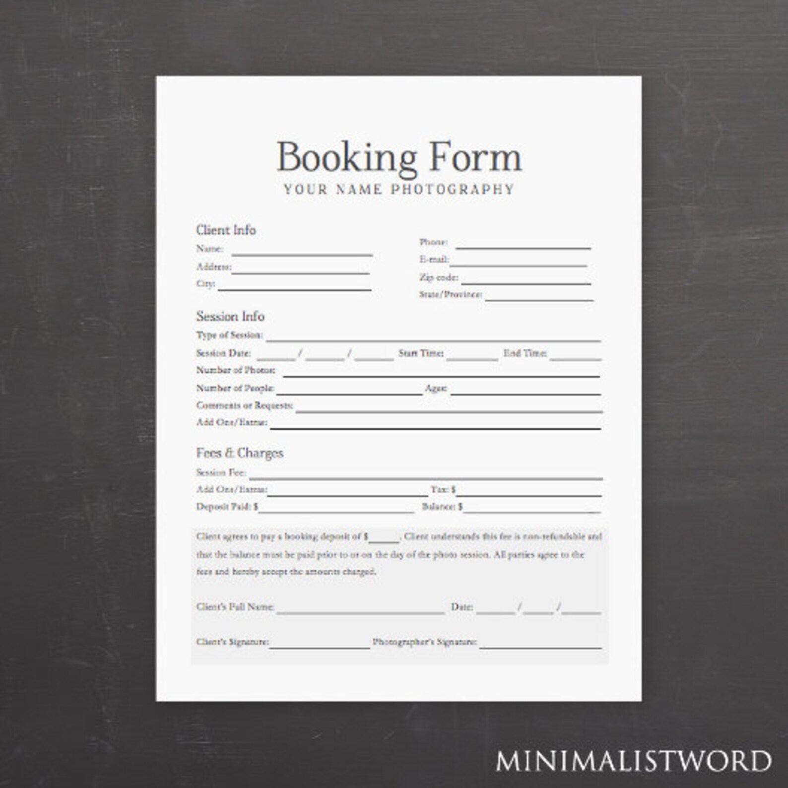 Photography Booking Form Template Client Booking Form Etsy Israel
