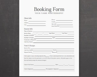 Photography Booking Form Template - Client Booking Form Template, Photographer Booking Form - MS Word *Instant Download*