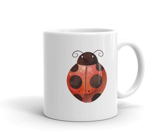 Ladybug Mug, ladybugs, ceramic, gift for her, gender neutral gift, white glossy mug, 11oz and 15oz, bug mug