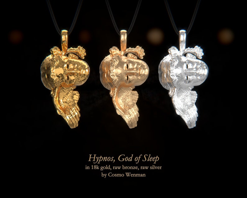 HYPNOS, God of Sleep necklace pendant vertical option Gold, Silver, Bronze, Platinum, Ancient Greek Artifact Jewelry, Pagan, Cameo image 2