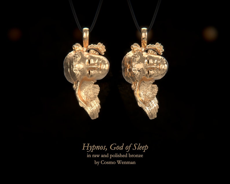 HYPNOS, God of Sleep necklace pendant vertical option Gold, Silver, Bronze, Platinum, Ancient Greek Artifact Jewelry, Pagan, Cameo Polished Bronze