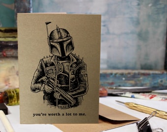 Boba Fett Card, Birthday, Love, Anniversary Screen Printed by Hand.
