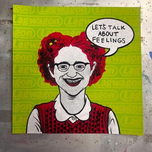 May include: Pop art style print featuring a smiling person with red hair, glasses, and a red sweater vest. A speech bubble says "LET'S TALK ABOUT FEELINGS." The background is lime green with the word "Lagwagon" repeated.
