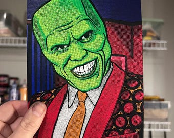 The Mask Jim Carrey Screen Print Art – 90s Movie Poster Fan Art, Handmade Halftone Print, Pop Culture Wall Decor, 5x7 Hand Pulled Print