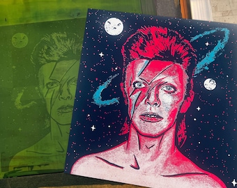 David Bowie Starman Inspired Screen Print – Handmade Halftone Music Art Poster – Retro Glam Rock Wall Art – Hand Pulled Print
