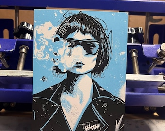 Punk Girl Screen Print Wall Art, Two Color Punk Illustration, Leather Jacket Sunglasses,  Artwork