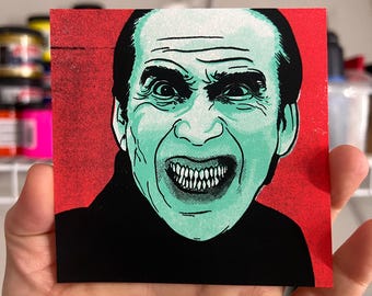 Nicolas Cage Renfield Screen Print – 4x4 Mini Horror Art Print – Hand Pulled Screen Print – Dracula Movie Art
