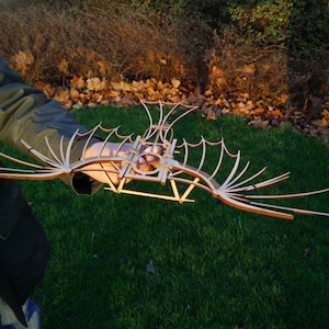 May include: A wooden model of a bird with outstretched wings. The model is made of thin strips of wood and is held in a person's hand.