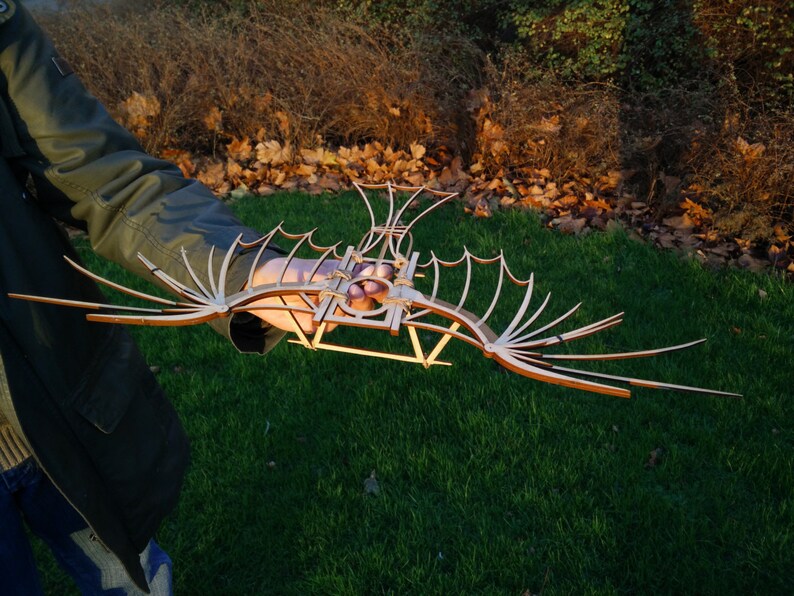 May include: A wooden model of a bird with outstretched wings. The model is made of thin strips of wood and is held in a person's hand.