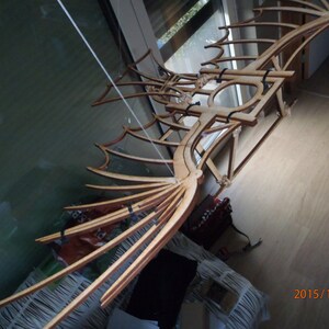 May include: A wooden model of a pair of wings, suspended from the ceiling. The wings are made of thin strips of wood, and are connected by a series of struts. The wings are painted a light brown color, and have a slightly weathered look.