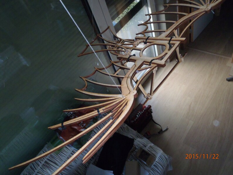 May include: A wooden model of a pair of wings, suspended from the ceiling. The wings are made of thin strips of wood, and are connected by a series of struts. The wings are painted a light brown color, and have a slightly weathered look.