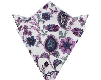 Purple White Paisley Floral Pocket Square Linen & Cotton Wedding Handkerchief Floral Mens Gift Groomsmen Hankies Mens Gift for Dad