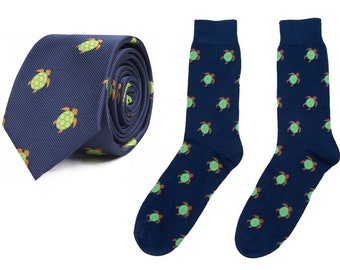 Green Turtle Socks & Tie Combo Gift for Men | Sea Animal Lover Tortoise Neckties for Men | | Funky Socks for Him Happy Socks | Novelty Socks