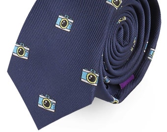 Camera Photographer Videographer Picture Skinny Tie Mens Necktie Photo Lover Instagram Gift for Him | Work Colleague Tie | Fathers Day Gift