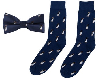 Pengiun Socks & Bowtie Combo Gift for Men |Penguins Animal Lover Socks for Him|Goose Funky Penguin Bow Tie for Him|Animal Bird Lover Bowtie