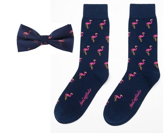 Pink Flamingo Socks &  Bowtie Combo Gift for Men | Flamingos Bird Lover Men Bow Ties |Pink Flamingo Groomsmen Wedding Socks|Fun Quirky Socks