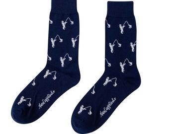 Fishing Fisherman Socks for Him | Ocean Fly Fishing Gift for Men | Socks for Men | Navy Christmas Gift Going Away Present for Fishermen