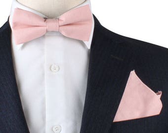 Blush Light Pink Bow Tie + Pocket Square Set Cotton Matching Set Bow Ties for Men Gift Groomsmen Matching Set Tie Pocket Square Combo Gift