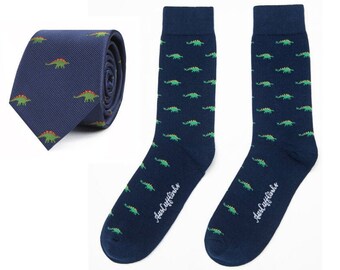 Stegosaurus Print Socks & Tie Combo Gift for Men|Animal Dinosaur Lover Neckties for Men|Jurassic Park Gift|Colleague Going Away Gift for Him