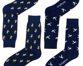 Duck Dove Socks for Him | Duckling Bird Lover Novelty Funky Gift Groomsmen Combo | White Dove Peace Animal Print | 2 Pairs of Socks for Men