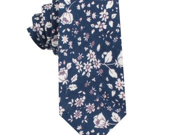 Navy Blue Floral Skinny Tie Linen & Cotton Mens Gift Tie for Wedding Groomsmen Neckties