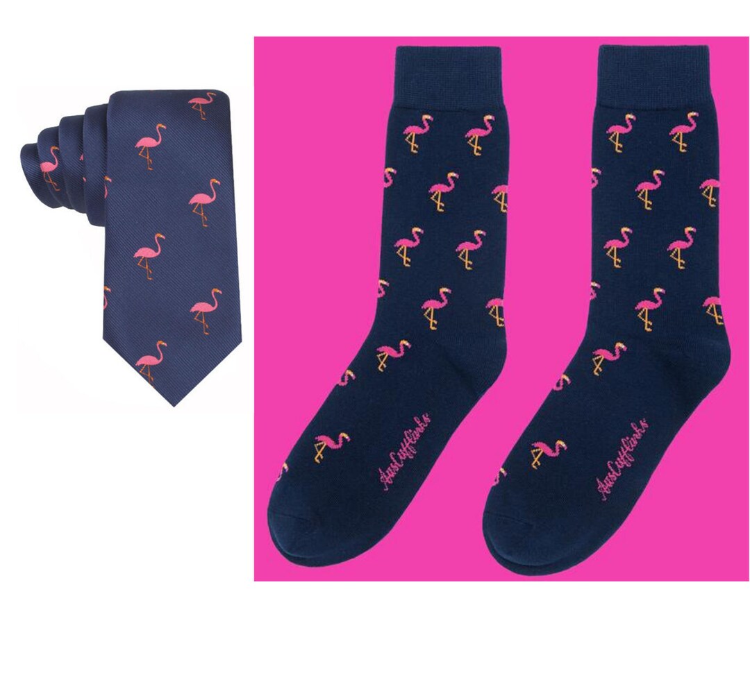 Pink Flamingo Socks & Tie Combo Gift for Men Animal Lover Neckties for