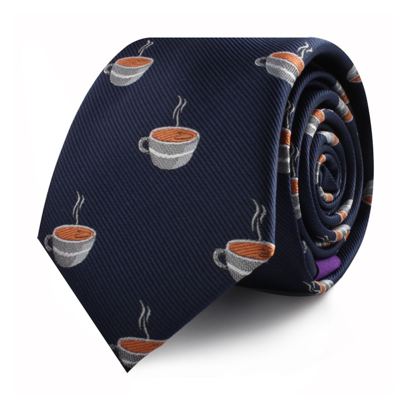 Coffee Lover Cappuccino Latte Caffeine Tie for Him Espresso Gift for Men Long Black Neckties for Men Work Colleague Gift for Him image 1