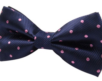 Navy Blue Pink Polka Dot Bow Tie Groom Bowtie Mens Bow Tie Husband Gift for Him Wedding Bow Tie Mens Gift for Dad Groomsmen Bowtie