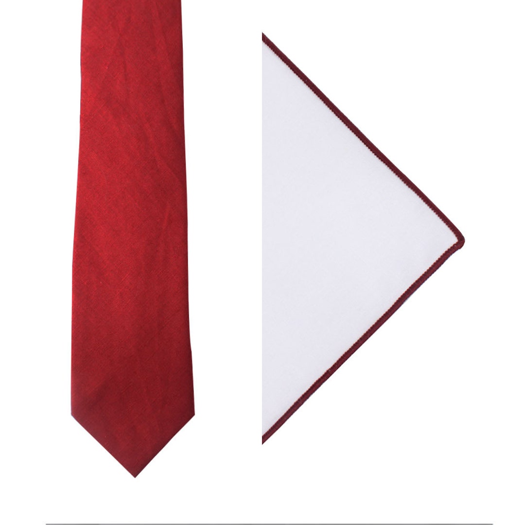Dark Skinny Tie Pocket Square red Edge Set Linen - Etsy
