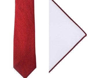 Dark Red Skinny Tie + Pocket Square (Red edge) Set Linen & Cotton Semi-Matching Set Mens Gift Groomsmen Tie Pocket Square Combo