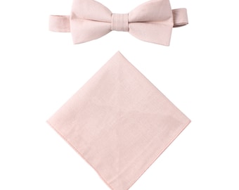 Pale Pink Bow Tie + Pocket Square Set Matching Combo for Weddings & Groomsmen Bowties