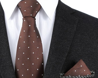 White Polka Dot Brown Regular Tie + Pocket Square Set Matching Set Mens Gift Groomsmen Matching Set Tie Pocket Square Combo Gift Set