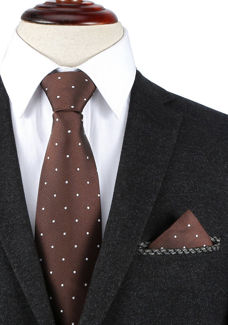 White Polka Dot Brown Regular Tie Pocket Square Set Matching | Etsy