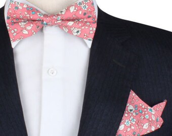 Pink Salmon Floral Bow Tie + Pocket Square Set Linen & Cotton Matching Set Bow Ties Men Groomsmen Matching Set Tie Pocket Square Combo