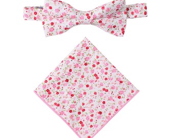 Azalea Pink Floral Bow Tie + Pocket Square Set Linen & Cotton Matching Set Bow Ties Men Gift Groomsmen Matching Set Tie Pocket Square Combo