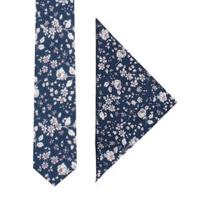 Navy Pink White Floral Skinny Tie + Pocket Square Set Linen & Cotton Matching Set Mens Gift Groomsmen Matching Set Tie Pocket Square Combo