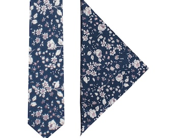 Navy Pink White Floral Skinny Tie + Pocket Square Set Linen & Cotton Matching Set Mens Gift Groomsmen Matching Set Tie Pocket Square Combo