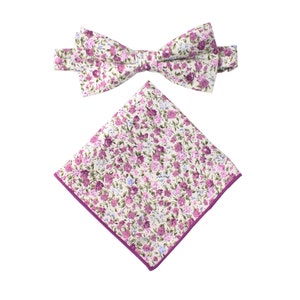 Floral Purple Bow Tie + Pocket Square Set Linen & Cotton Matching Bow Ties for Men Gift Groomsmen Matching Set Tie Pocket Square Combo Set