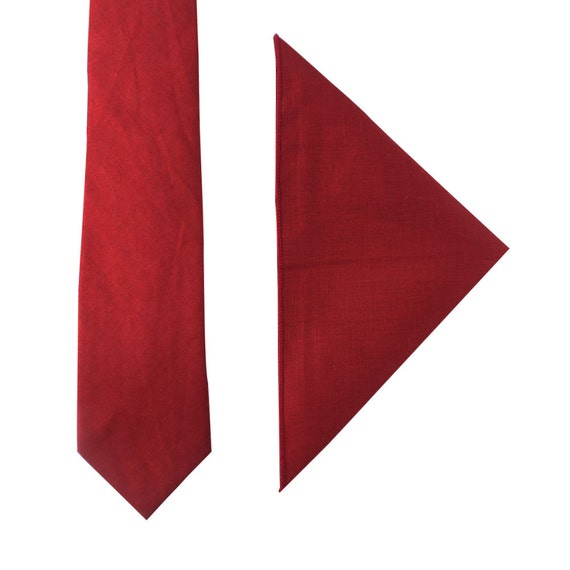 Red Skinny Tie Pocket Square Set Linen Cotton Matching Set - Etsy