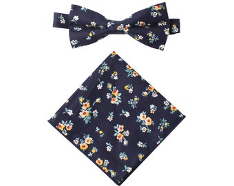 Floral Navy Bow Tie + Pocket Square Set Linen & Cotton Matching Set Bow Ties Men Gift Groomsmen Matching Set Tie Pocket Square Combo Set