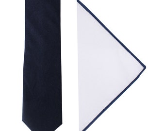 Navy Skinny Tie + Pocket Square (Navy edge) Set Linen & Cotton Semi-Matching Set Mens Gift Groomsmen Tie Pocket Square Combo