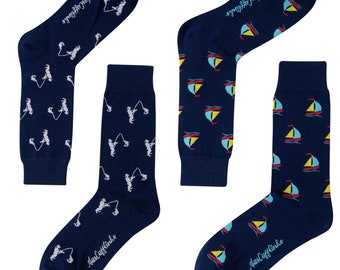 Fisherman Sailboat Socks for Him | Fishing Sea Navy Ocean Lover Gift for Men | Anchor Yacht Sailing Novelty Funky Socks Dad 2 Pairs of Socks