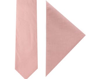 Blush Pink Skinny Tie + Pocket Square Set Linen & Cotton Light Pink Tie for Wedding Mens Gift Groomsmen Matching Set Tie Pocket Square