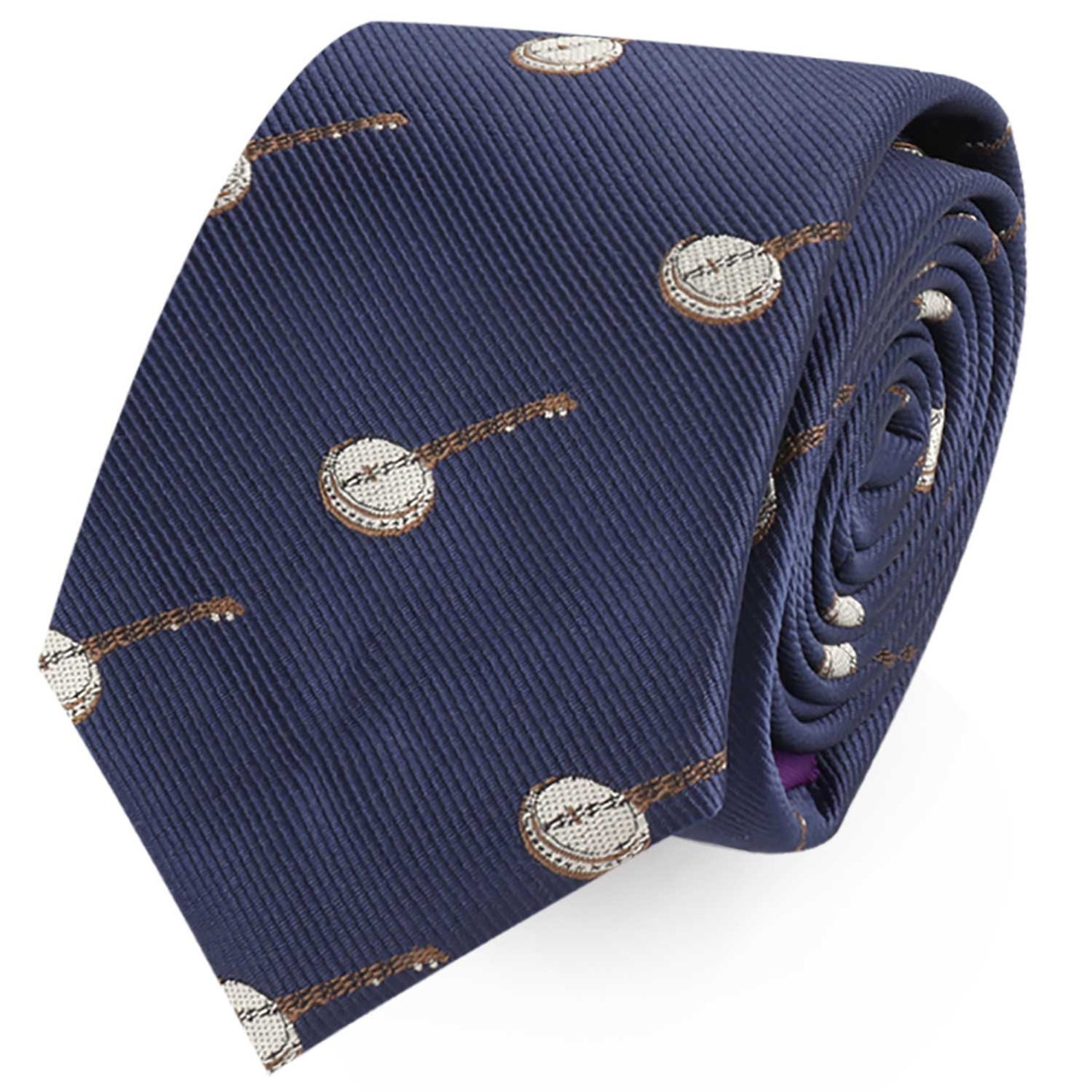 blue tie with banjos printed on it