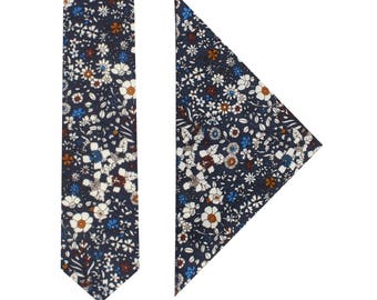 Navy Multi Floral Skinny Tie + Pocket Square Set Linen & Cotton Matching Set Mens Gift Groomsmen Matching Set Tie Pocket Square Combo Gift