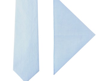 Light Blue Skinny Tie + Pocket Square Set Linen & Cotton Matching Set Slim Blue Tie Groomsmen Matching Set Tie Pocket Square Combo Gift Set