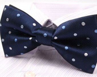 Navy Blue White Polka Dot Bow Tie Bowtie Groom Gift Mens Bow Tie Men Husband Gift for Him Wedding Bow Tie Mens Gift for Dad Groomsmen Gift